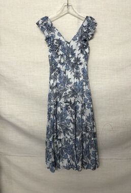 Joie Dress XS Long Maxi Aline Floral Blue White Tiered Sleeveless Boho Vneck